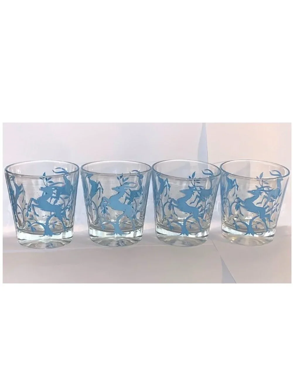 Vintage Federal Glass Blue Leaping Gazelle Highball Rocks Glasses (Set of 4)